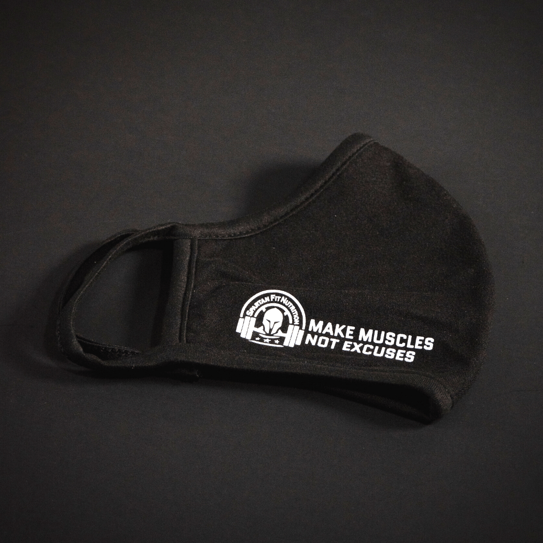 Black Cloth Spartan Fit re-usable face mask with words "Make Muscles Not Excuses"