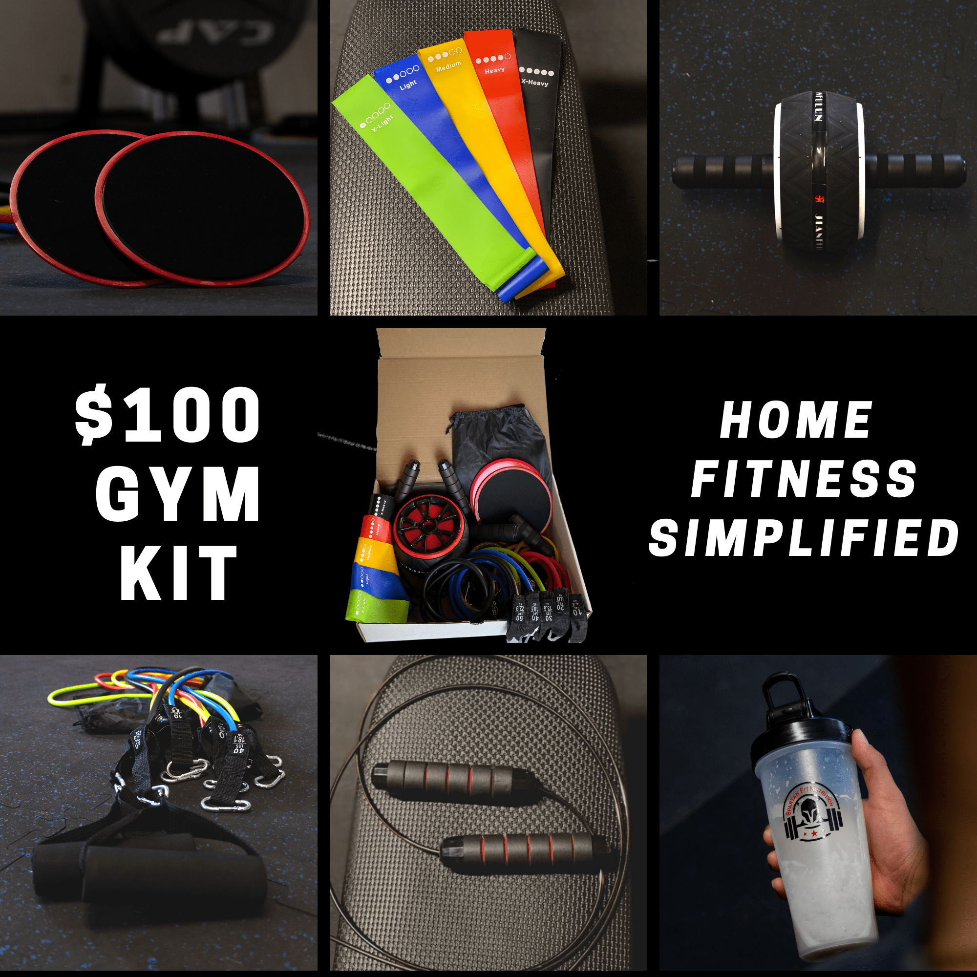 Home Gym Kit includes resistance bands, an ab roller, jump rope, shaker bottle, and sliders.