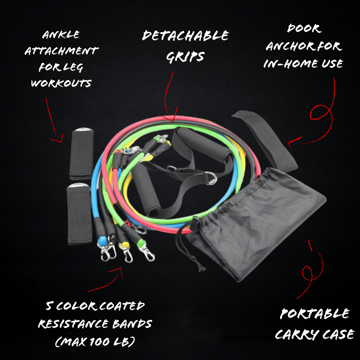 Resistance Bands Set includes 5 bands, 2 leg attachments, arm attachments, door hook, &amp; carry case.