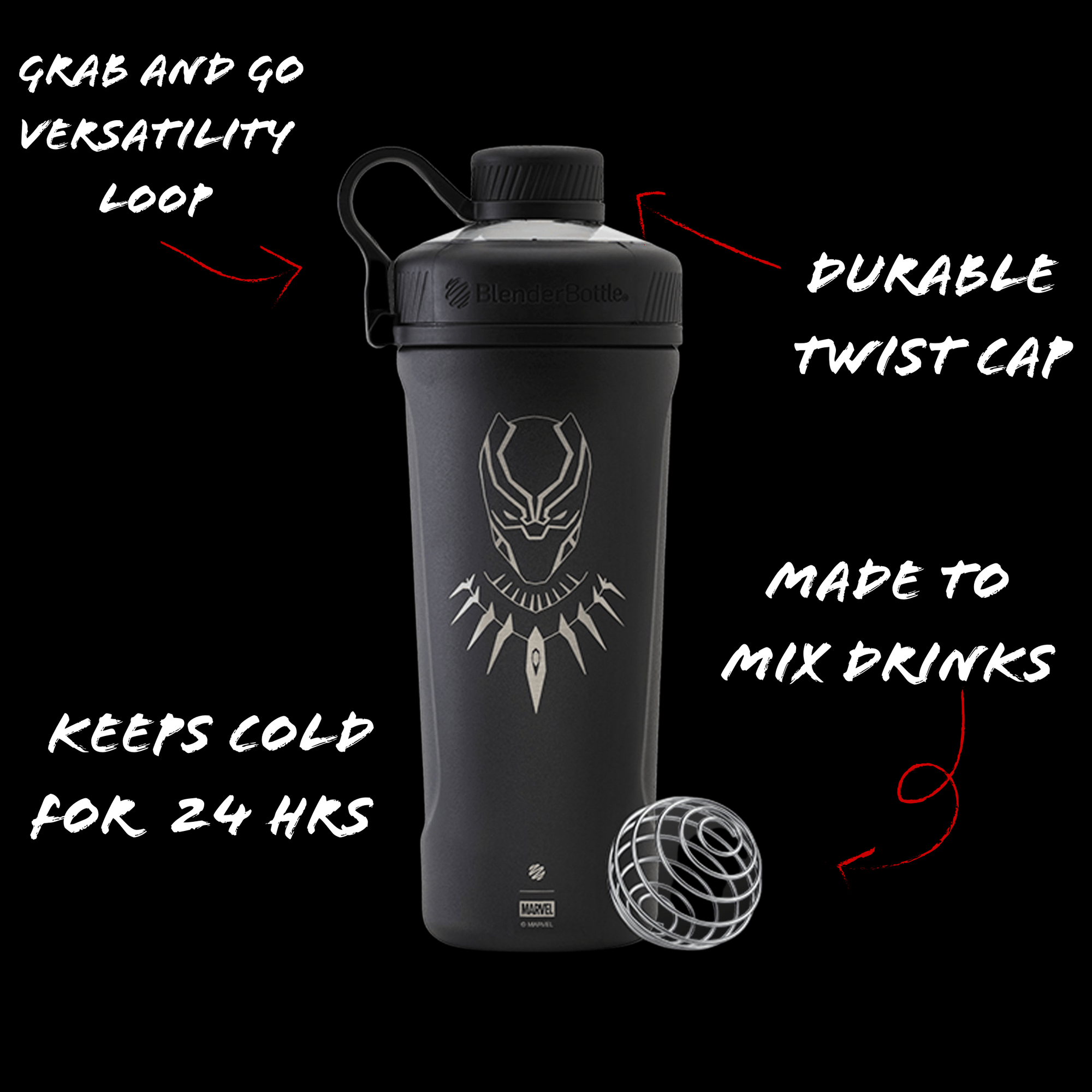 Blender Bottle Accessories Amazing Blender Bottle - Marvel (Captain America and Black Panther) - Officially Licensed Marvel Stainless Steel Shaker Cups for movement muscle mood and motivation