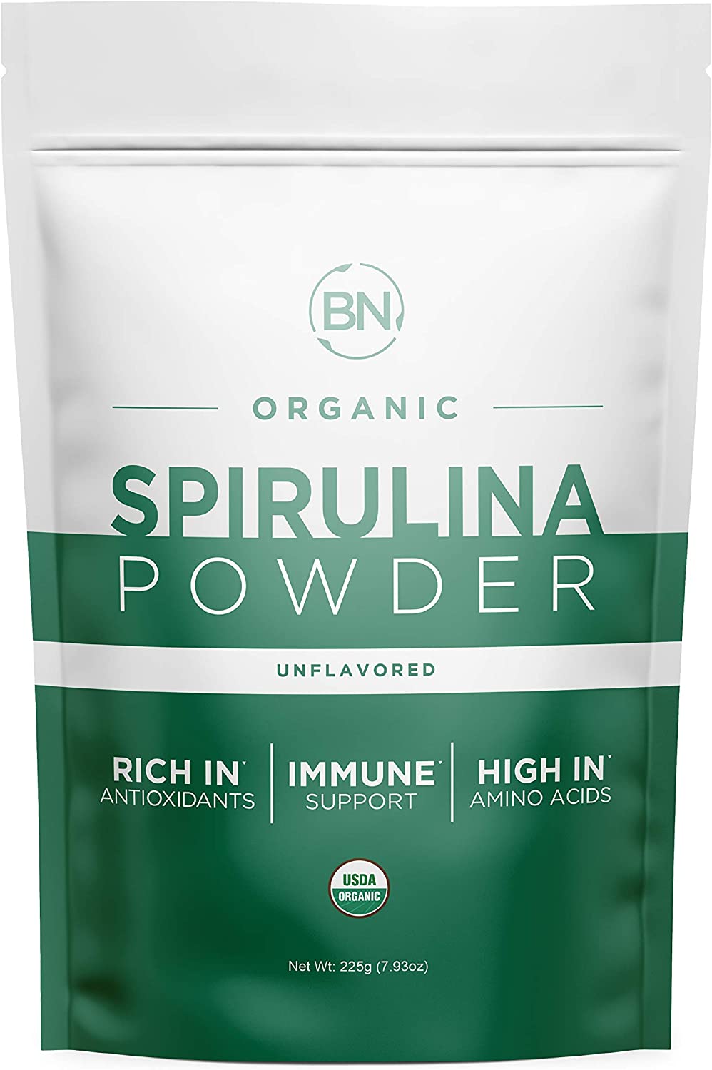 BN Proteins &amp; Blends Organic Spirulina Powder (220g Pouch) USDA Certified - Raw, Nutrient Dense - Purest Source Vegan Protein - Superfood for movement muscle mood and motivation