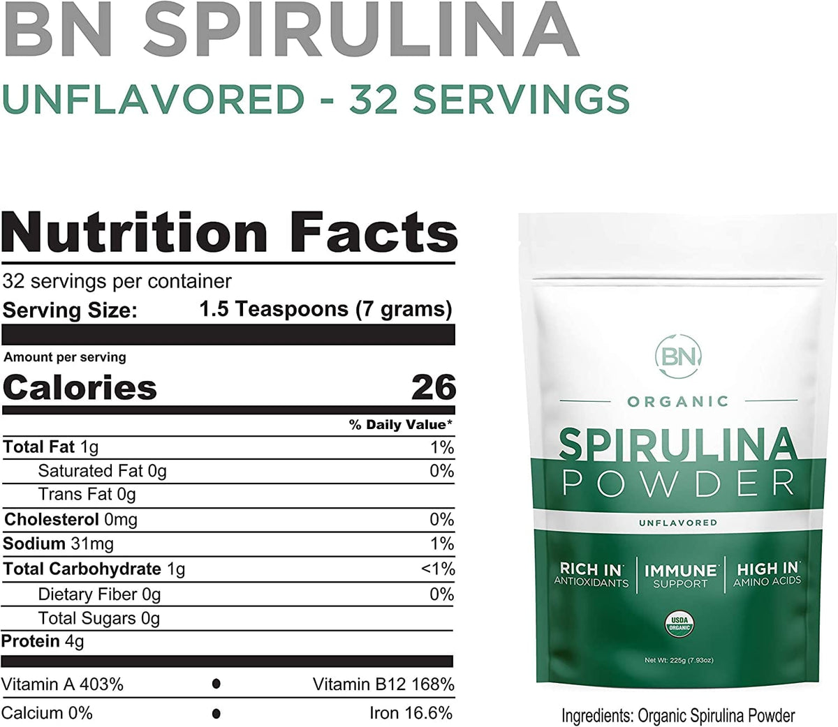 BN Proteins &amp; Blends Organic Spirulina Powder (220g Pouch) USDA Certified - Raw, Nutrient Dense - Purest Source Vegan Protein - Superfood for movement muscle mood and motivation