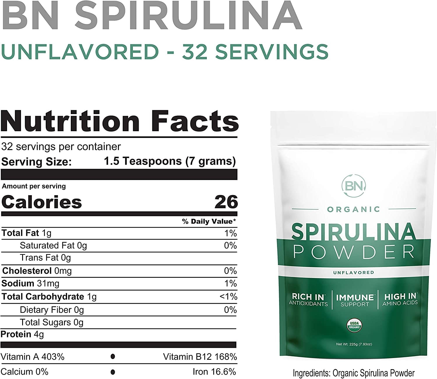 BN Proteins & Blends Organic Spirulina Powder (220g Pouch) USDA Certified - Raw, Nutrient Dense - Purest Source Vegan Protein - Superfood for movement muscle mood and motivation